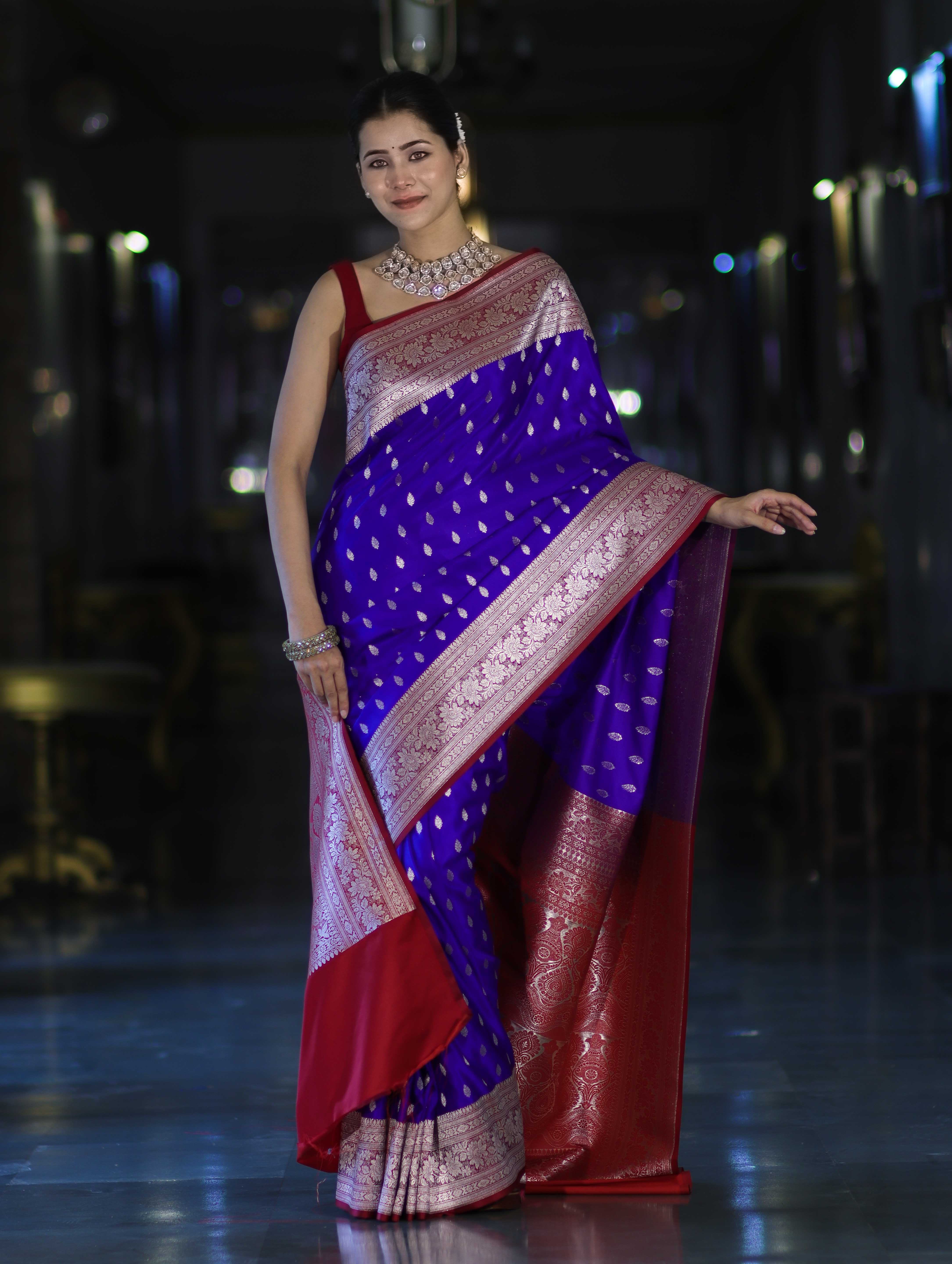 Banarasee Handloom Semi Katan Saree With Zari Buti Design & Contrast Border-Violet & Maroon