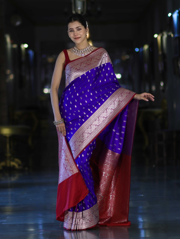 Banarasee Handloom Semi Katan Saree With Zari Buti Design & Contrast Border-Violet & Maroon