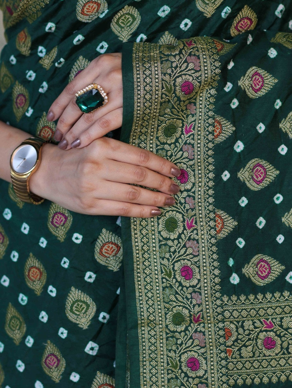 Banarasee Handloom Semi Silk Bandhej Saree With Broad Zari Floral Border-Deep Green