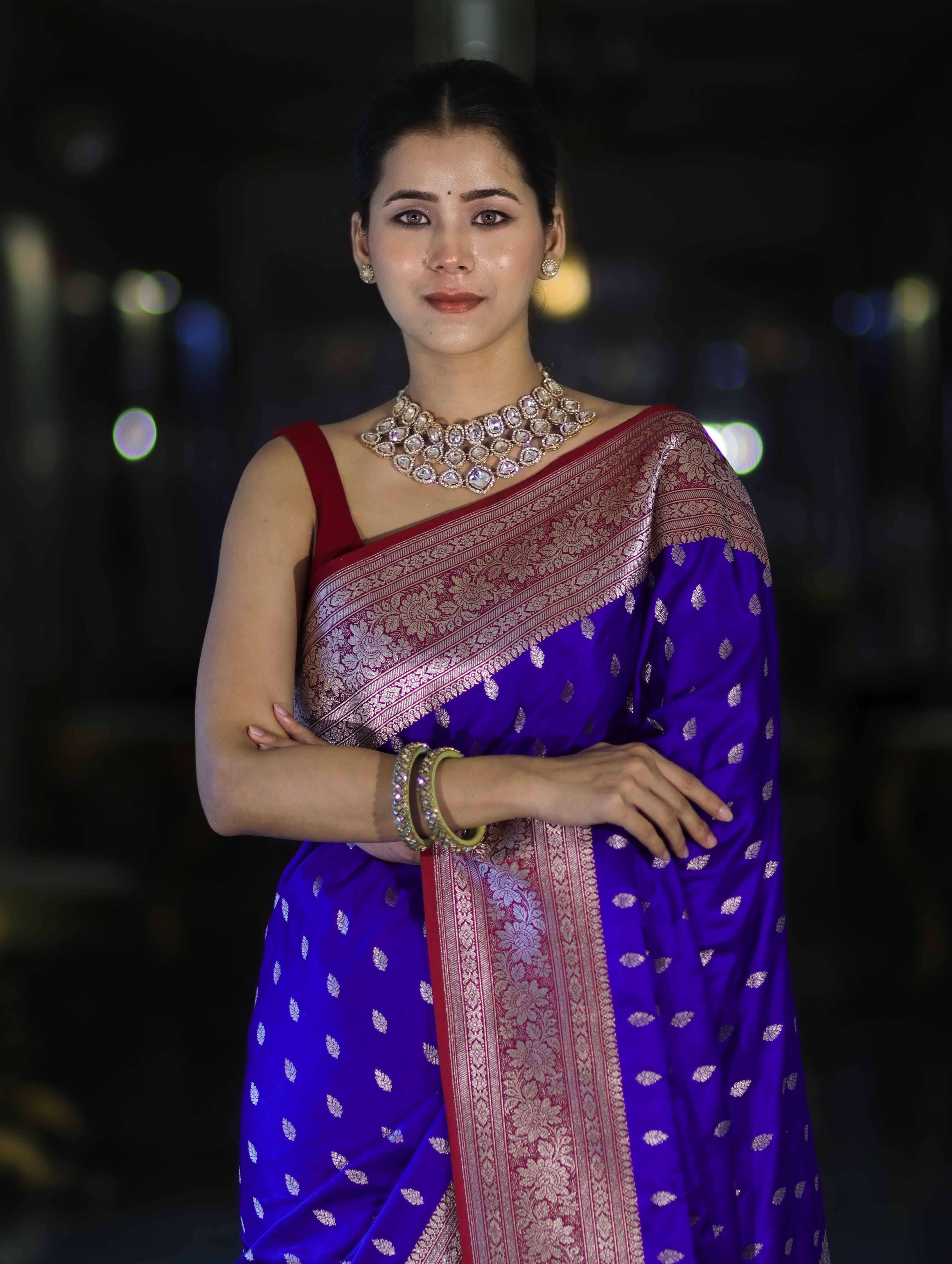Banarasee Handloom Semi Katan Saree With Zari Buti Design & Contrast Border-Violet & Maroon