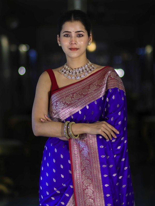 Banarasee Handloom Semi Katan Saree With Zari Buti Design & Contrast Border-Violet & Maroon