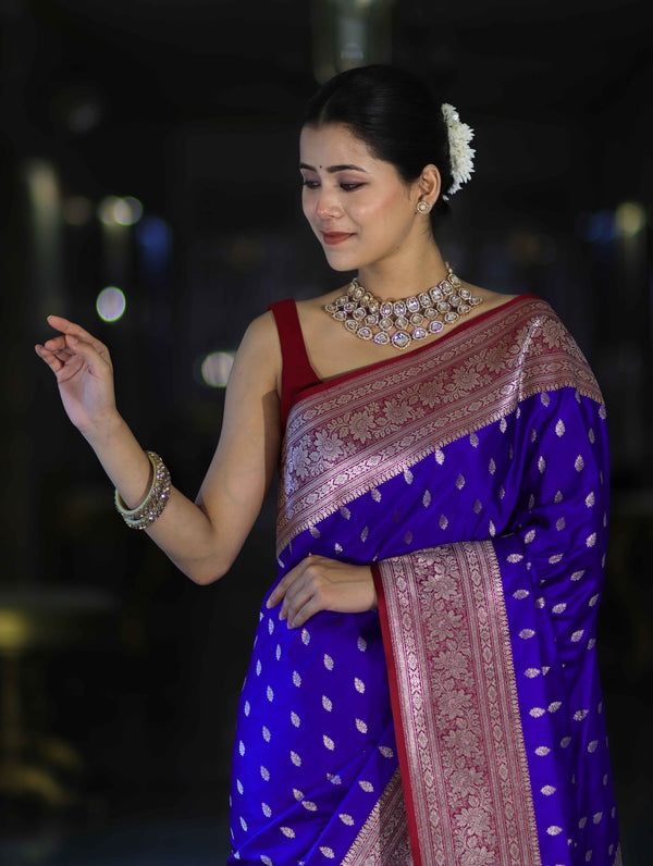 Banarasee Handloom Semi Katan Saree With Zari Buti Design & Contrast Border-Violet & Maroon