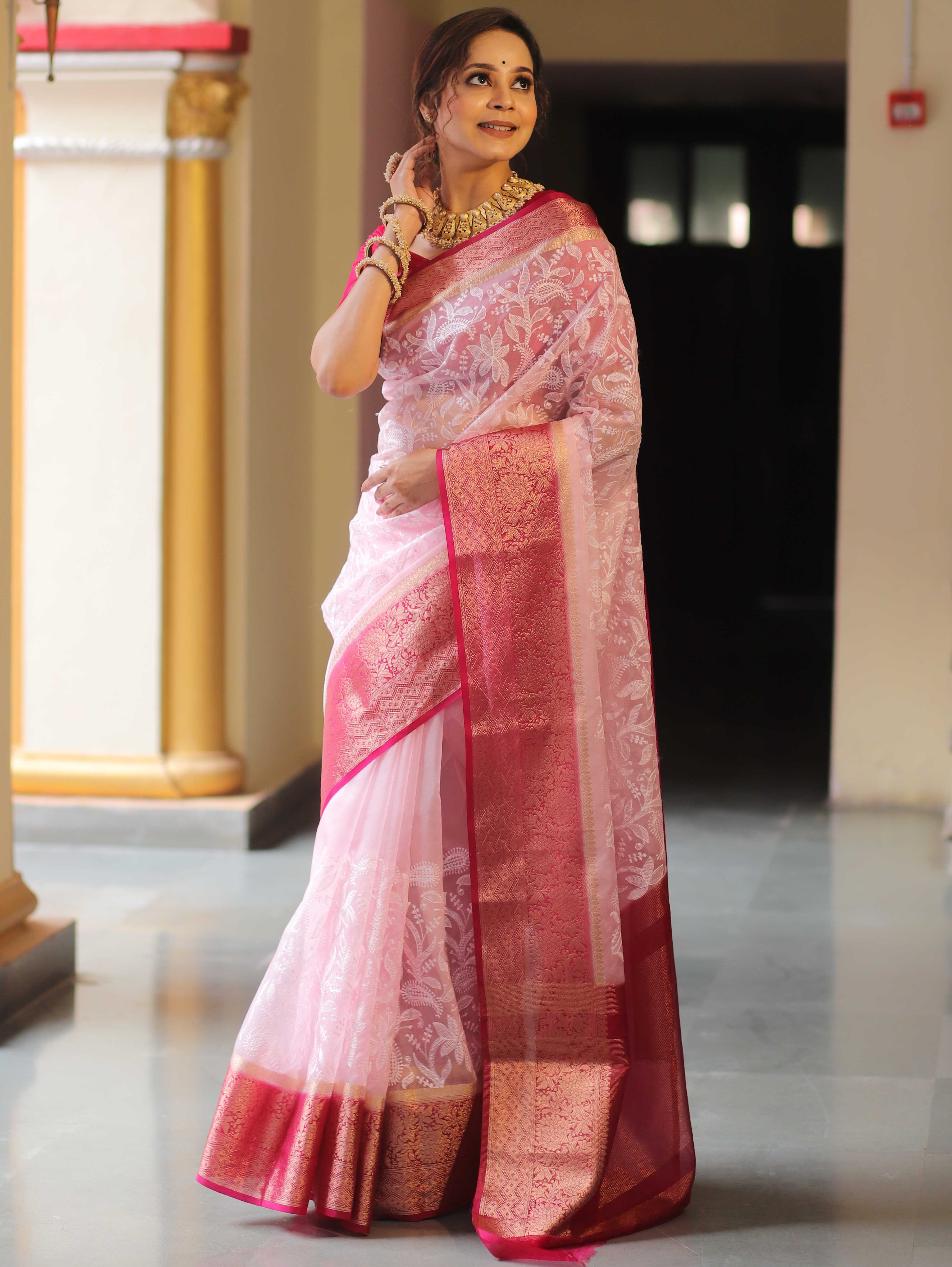 Banarasee Handwoven Organza Floral Embroidery Saree-Pink