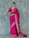 Banarasee Handloom Semi Silk Bandhej Saree With Broad Zari Floral Border-Deep Pink