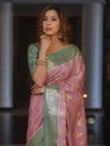 Banarasee Handloom Pure Chiniya Silk Saree With Zari Work & Contrast Border-Salmon Pink & Green