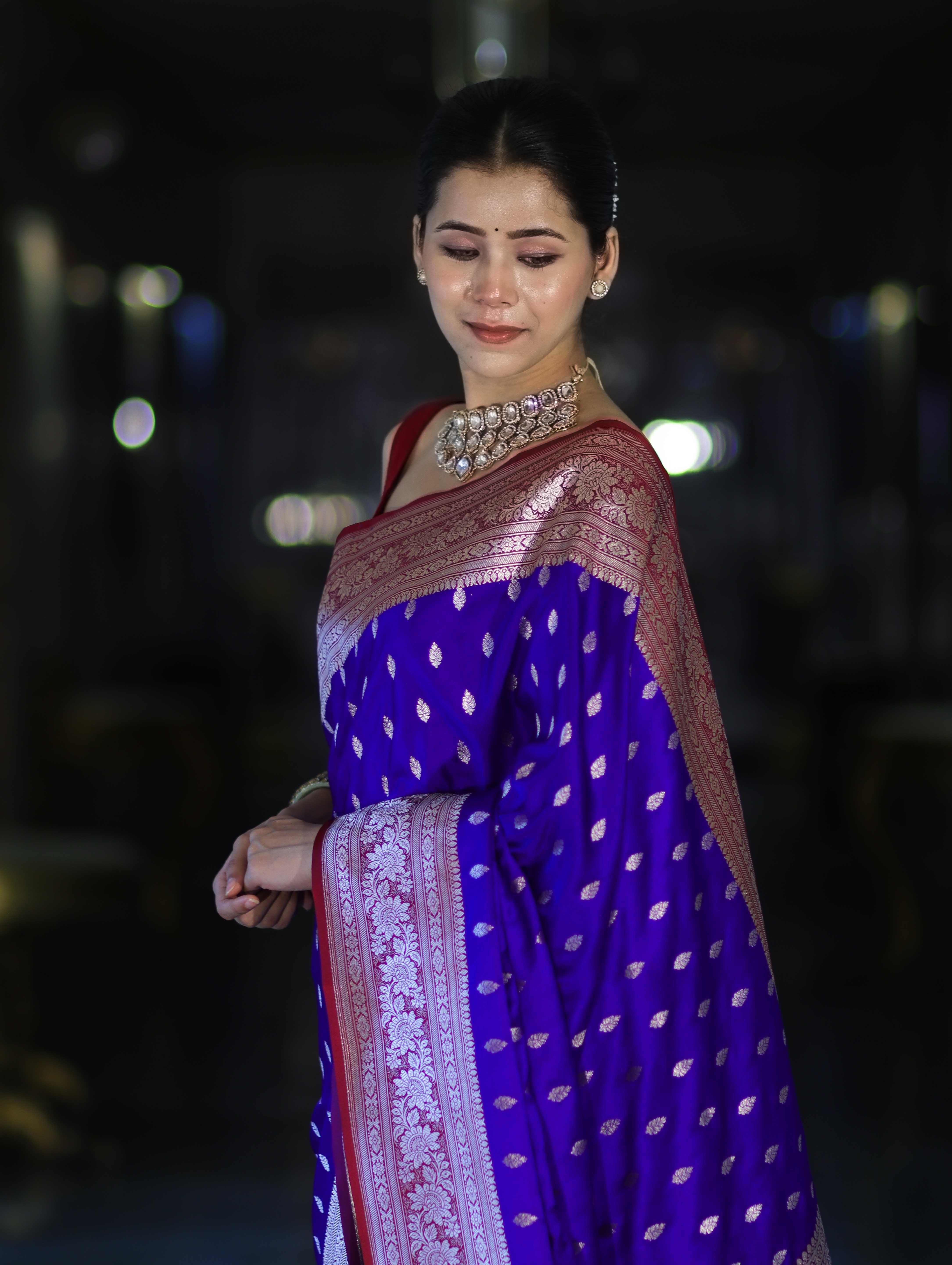 Banarasee Handloom Semi Katan Saree With Zari Buti Design & Contrast Border-Violet & Maroon