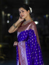 Banarasee Handloom Semi Katan Saree With Zari Buti Design & Contrast Border-Violet & Maroon