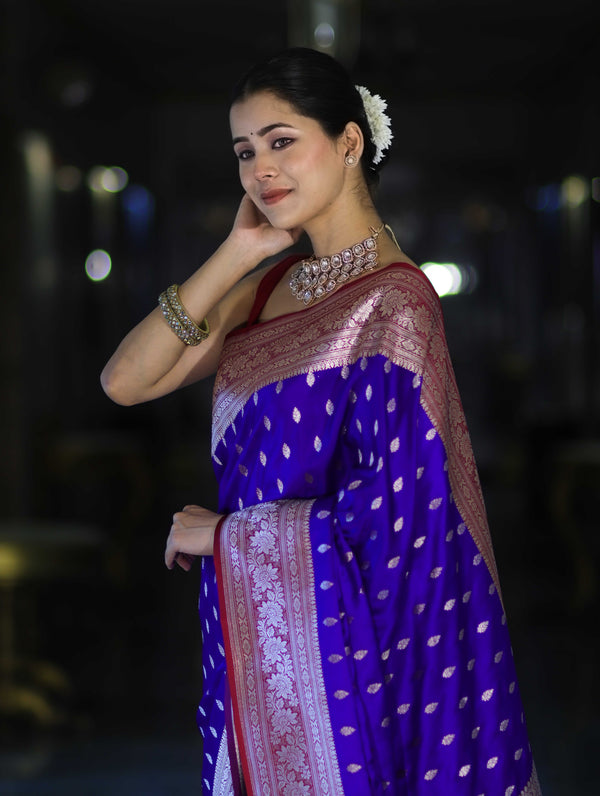 Banarasee Handloom Semi Katan Saree With Zari Buti Design & Contrast Border-Violet & Maroon