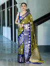 Banarasee Handloom Semi Silk Saree With Zari Buta Design & Contrast Border-Light Green & Blue