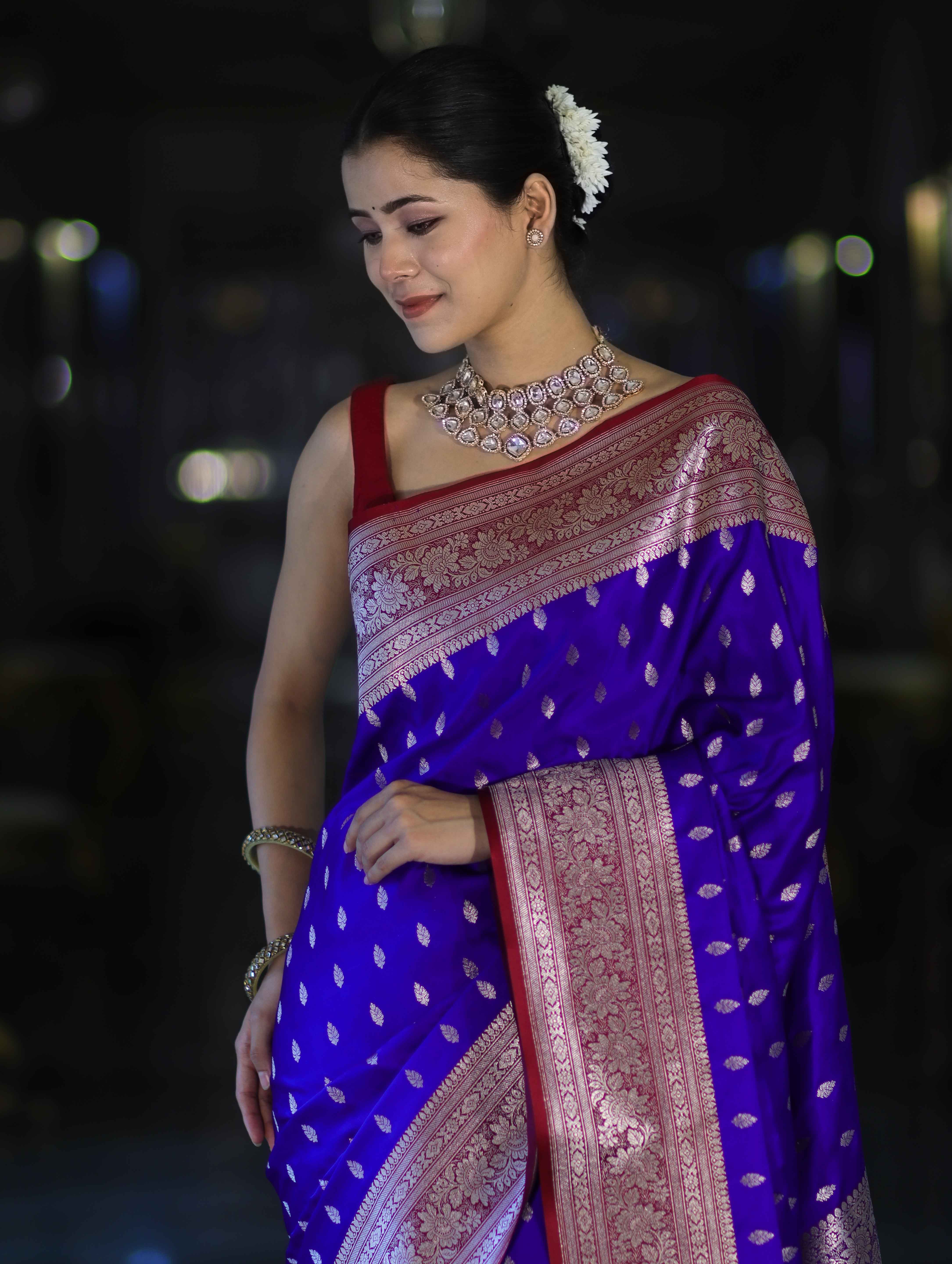 Banarasee Handloom Semi Katan Saree With Zari Buti Design & Contrast Border-Violet & Maroon
