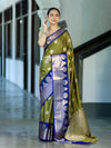 Banarasee Handloom Semi Silk Saree With Zari Buta Design & Contrast Border-Light Green & Blue
