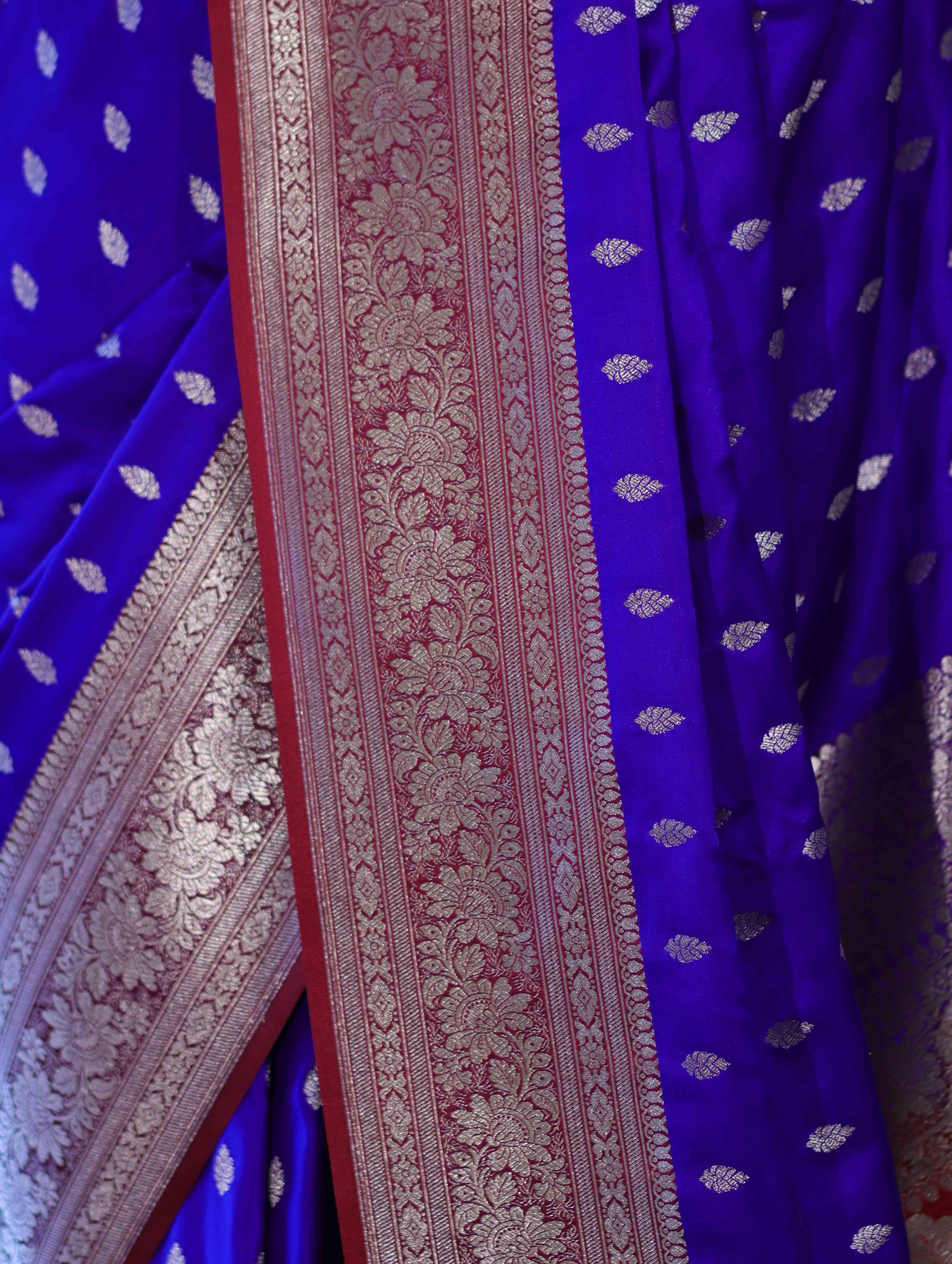 Banarasee Handloom Semi Katan Saree With Zari Buti Design & Contrast Border-Violet & Maroon