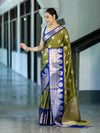 Banarasee Handloom Semi Silk Saree With Zari Buta Design & Contrast Border-Light Green & Blue