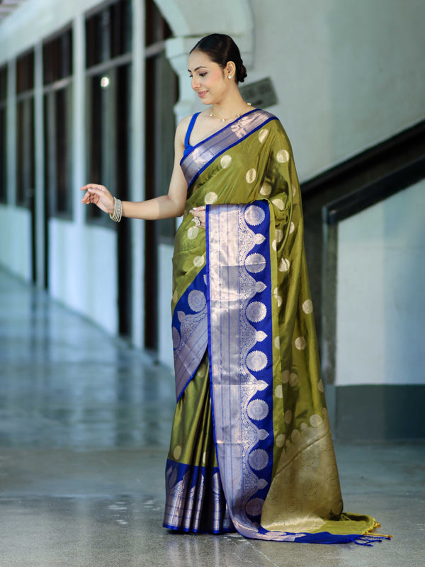 Banarasee Handloom Semi Silk Saree With Zari Buta Design & Contrast Border-Light Green & Blue