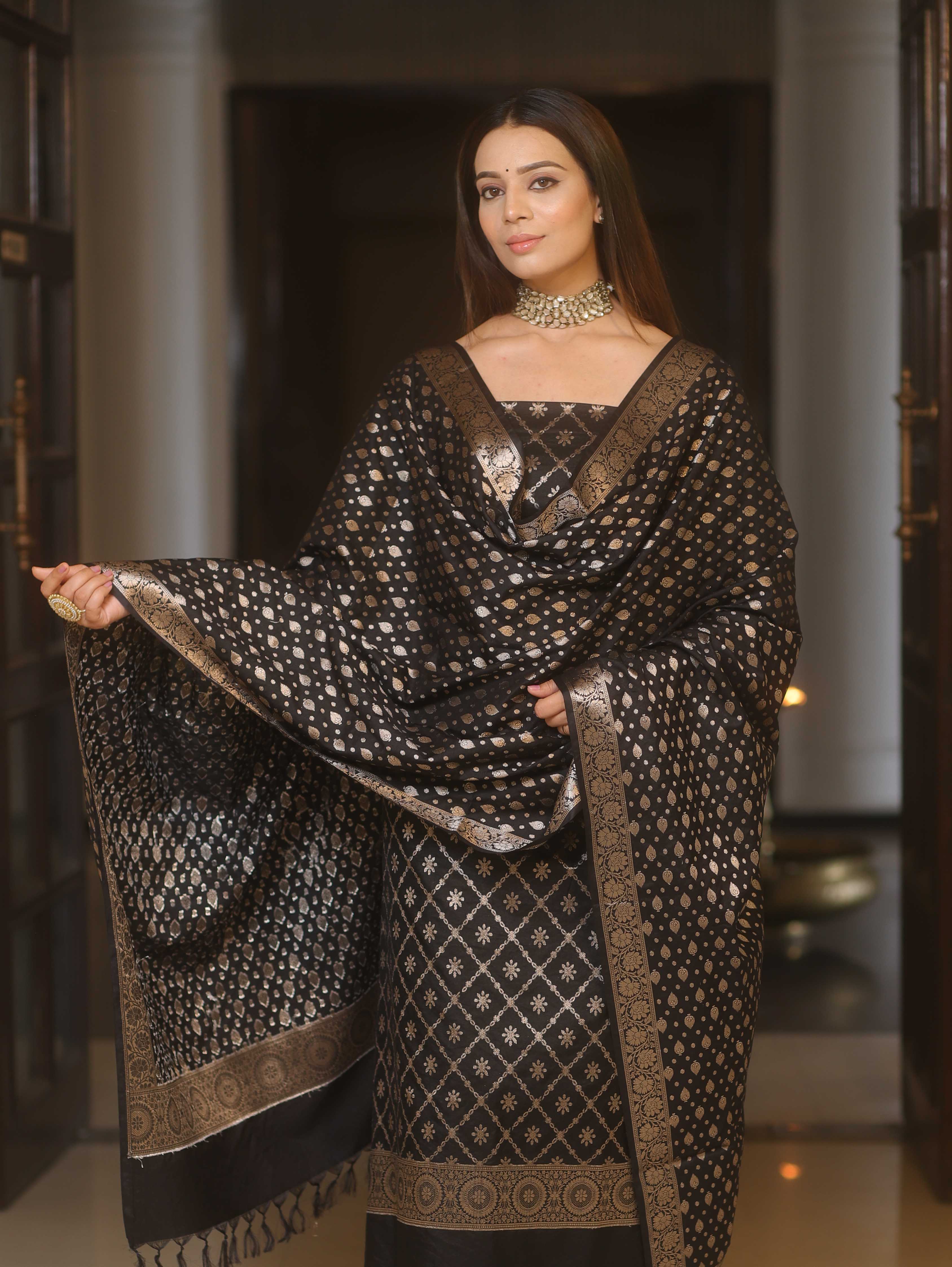 Banarasee Semi-Silk Zari Design Salwar Kameez Fabric With Dupatta Set-Black