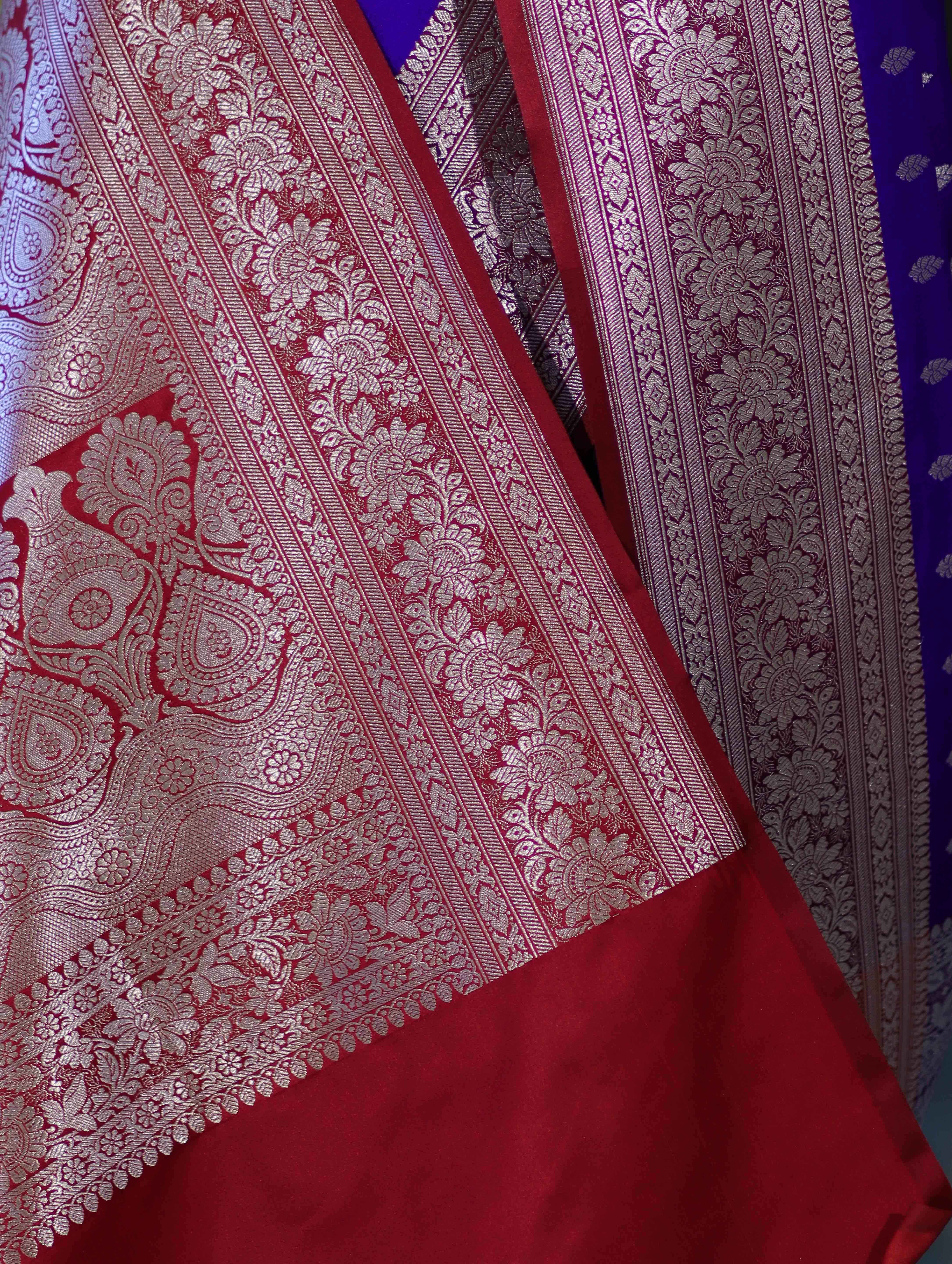 Banarasee Handloom Semi Katan Saree With Zari Buti Design & Contrast Border-Violet & Maroon