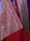 Banarasee Handloom Semi Katan Saree With Zari Buti Design & Contrast Border-Violet & Maroon