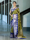 Banarasee Handloom Semi Silk Saree With Zari Buta Design & Contrast Border-Light Green & Blue
