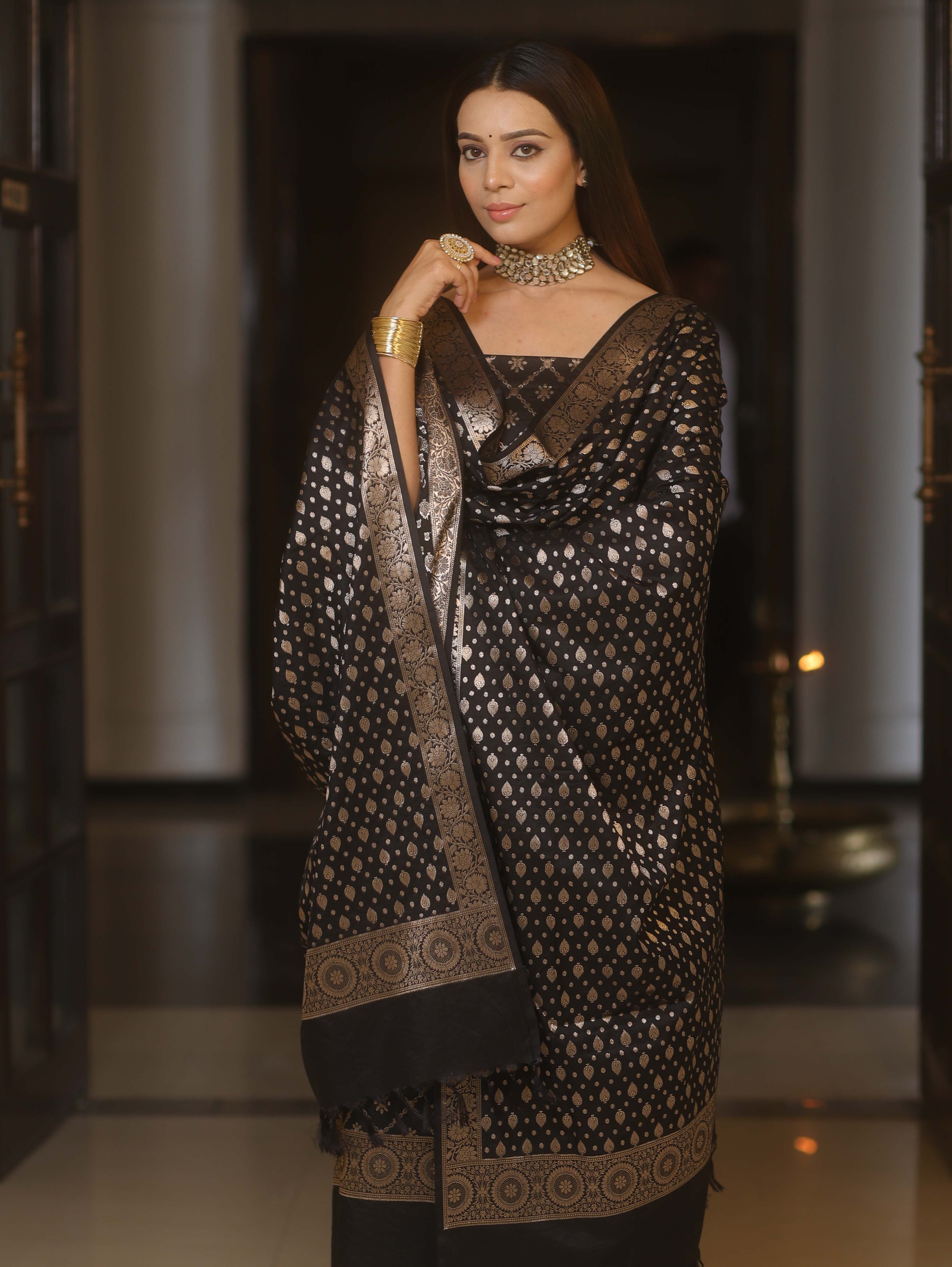 Banarasee Semi-Silk Zari Design Salwar Kameez Fabric With Dupatta Set-Black