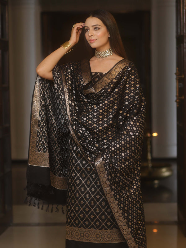 Banarasee Semi-Silk Zari Design Salwar Kameez Fabric With Dupatta Set-Black