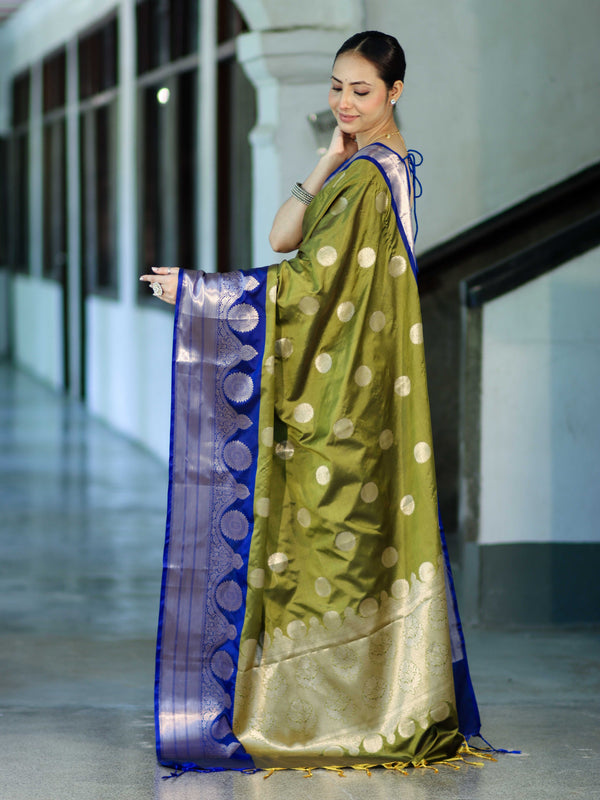 Banarasee Handloom Semi Silk Saree With Zari Buta Design & Contrast Border-Light Green & Blue