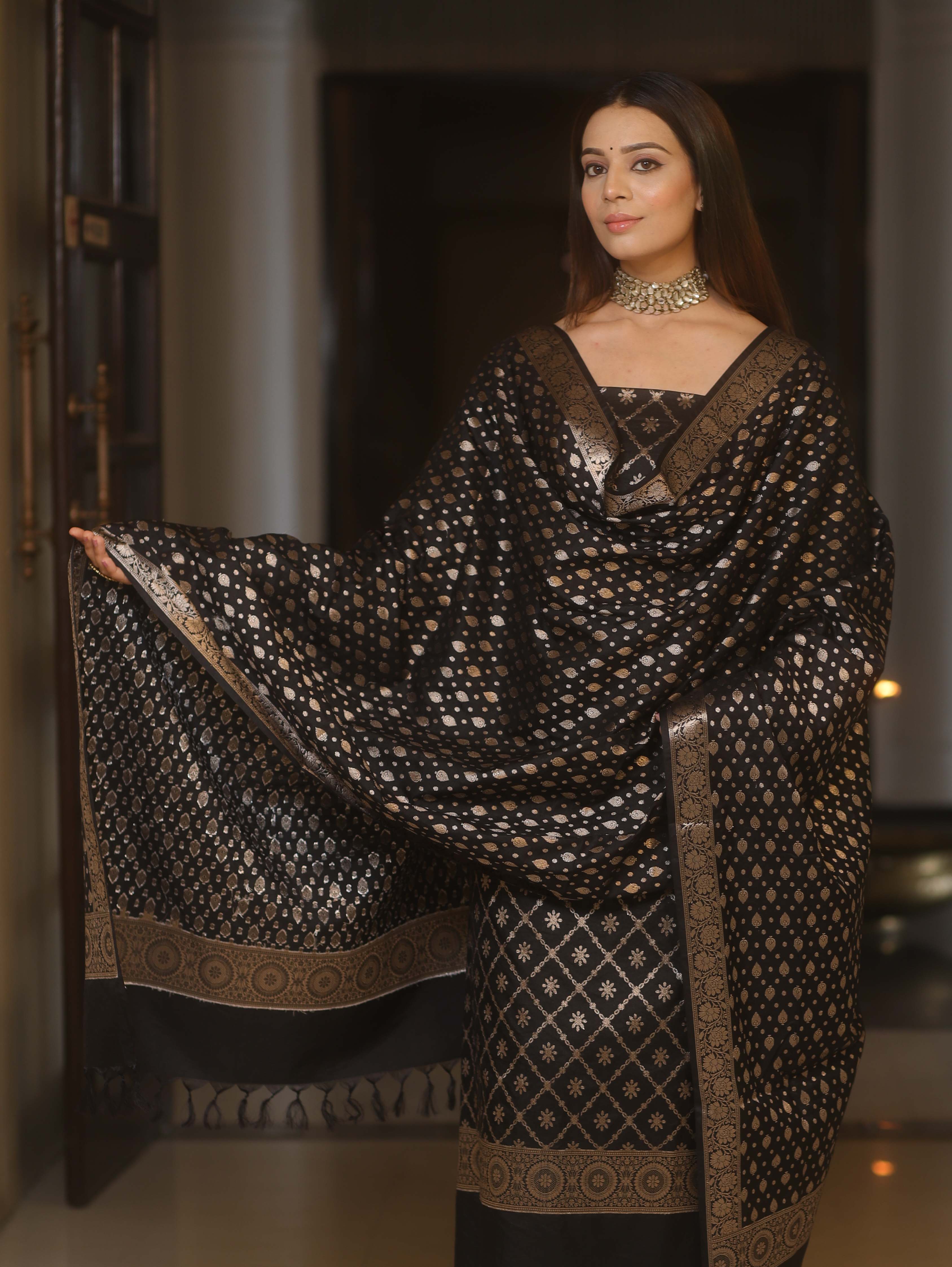Banarasee Semi-Silk Zari Design Salwar Kameez Fabric With Dupatta Set-Black