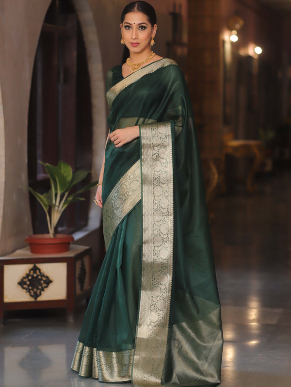 Banarasee Organza Mix Saree With Zari Border-Green
