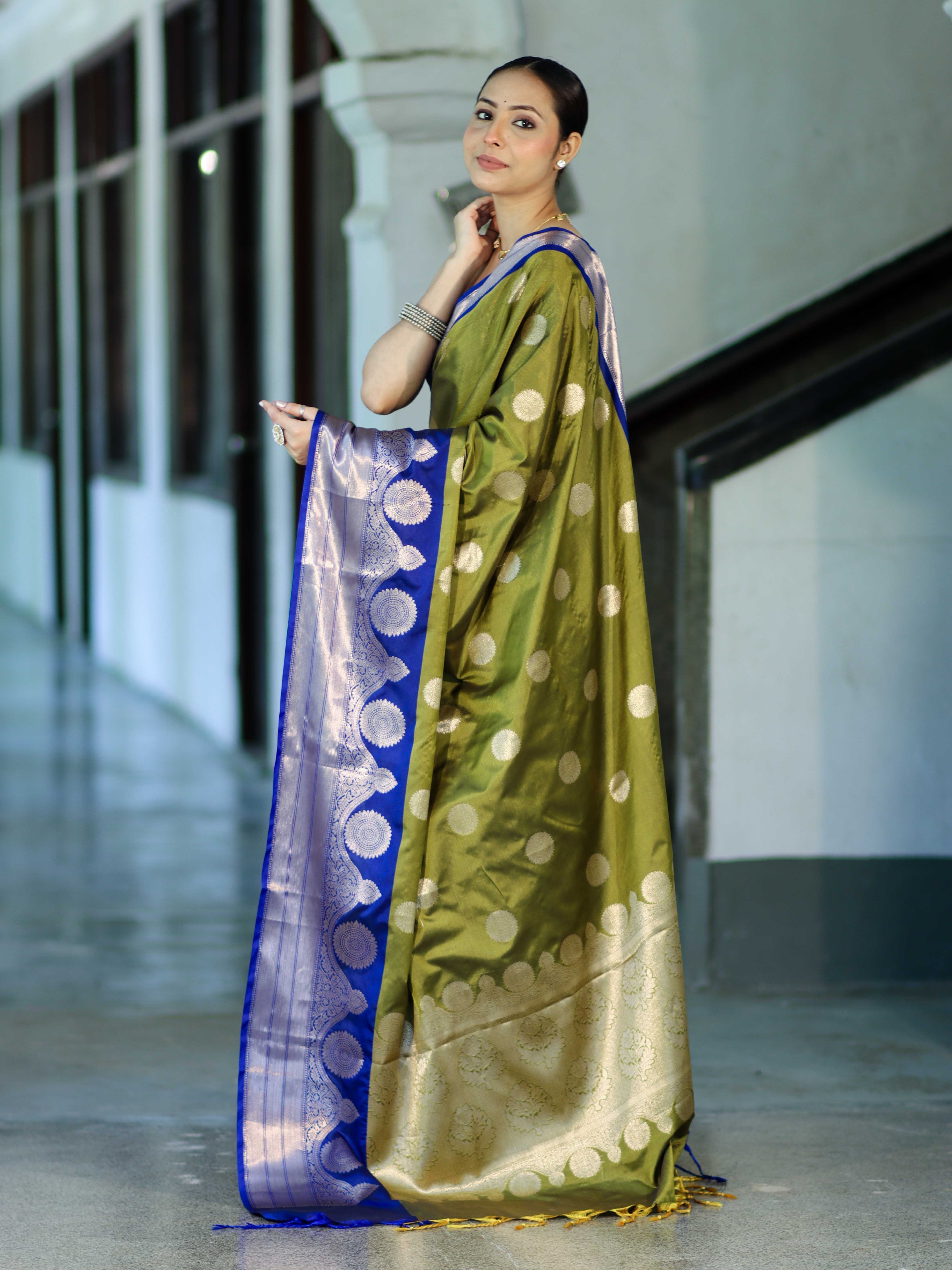 Banarasee Handloom Semi Silk Saree With Zari Buta Design & Contrast Border-Light Green & Blue
