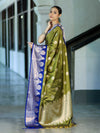 Banarasee Handloom Semi Silk Saree With Zari Buta Design & Contrast Border-Light Green & Blue