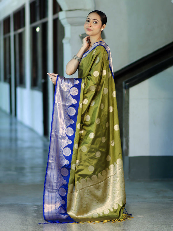 Banarasee Handloom Semi Silk Saree With Zari Buta Design & Contrast Border-Light Green & Blue