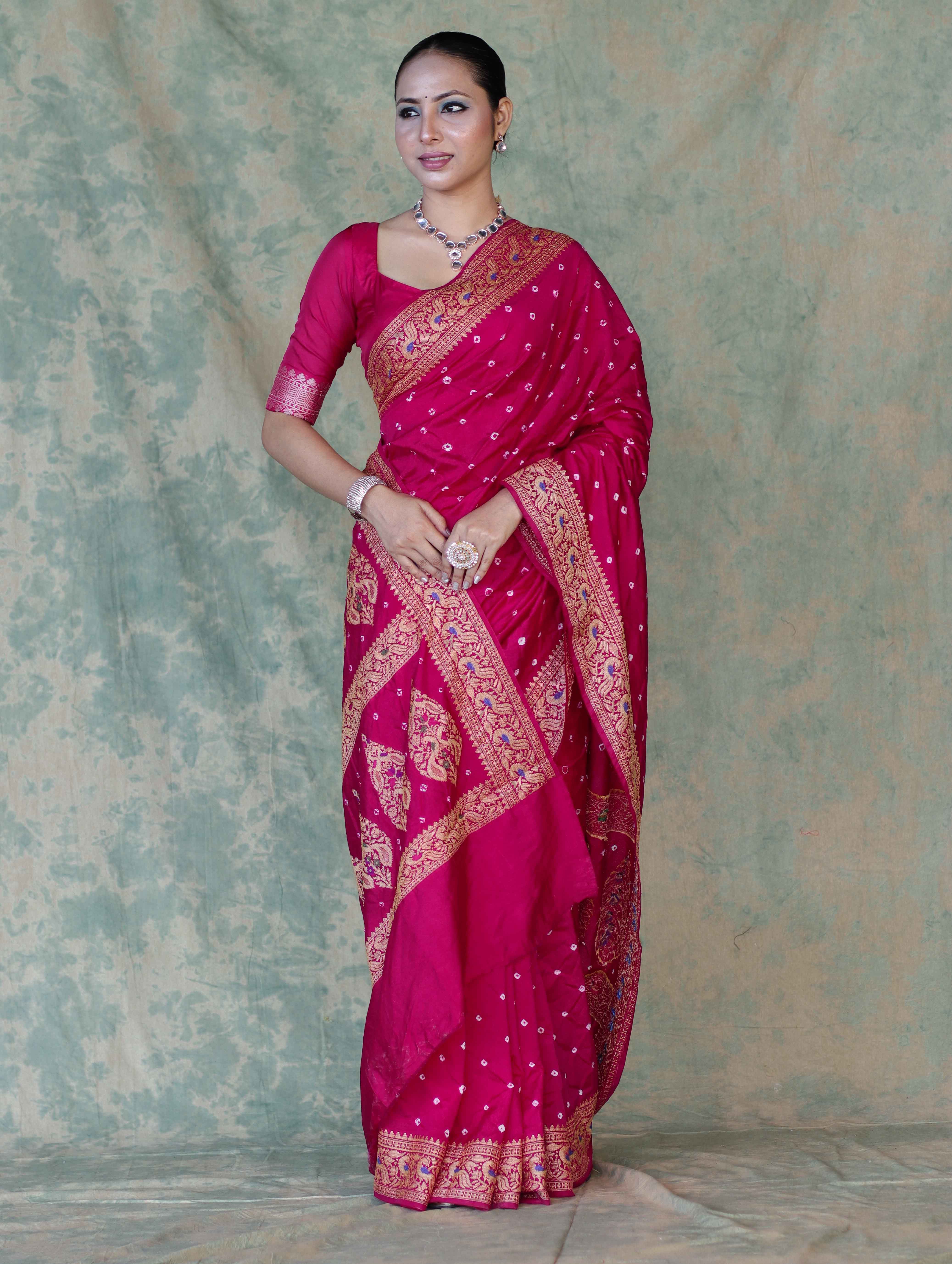 Banarasee Handloom Semi Silk Bandhej Saree With Broad Zari Floral Border-Deep Pink