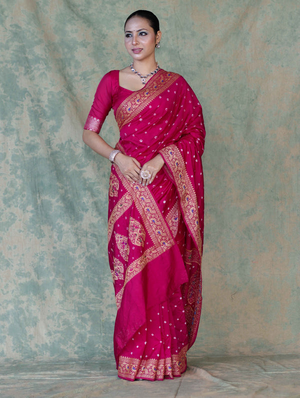 Banarasee Handloom Semi Silk Bandhej Saree With Broad Zari Floral Border-Deep Pink