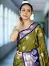 Banarasee Handloom Semi Silk Saree With Zari Buta Design & Contrast Border-Light Green & Blue