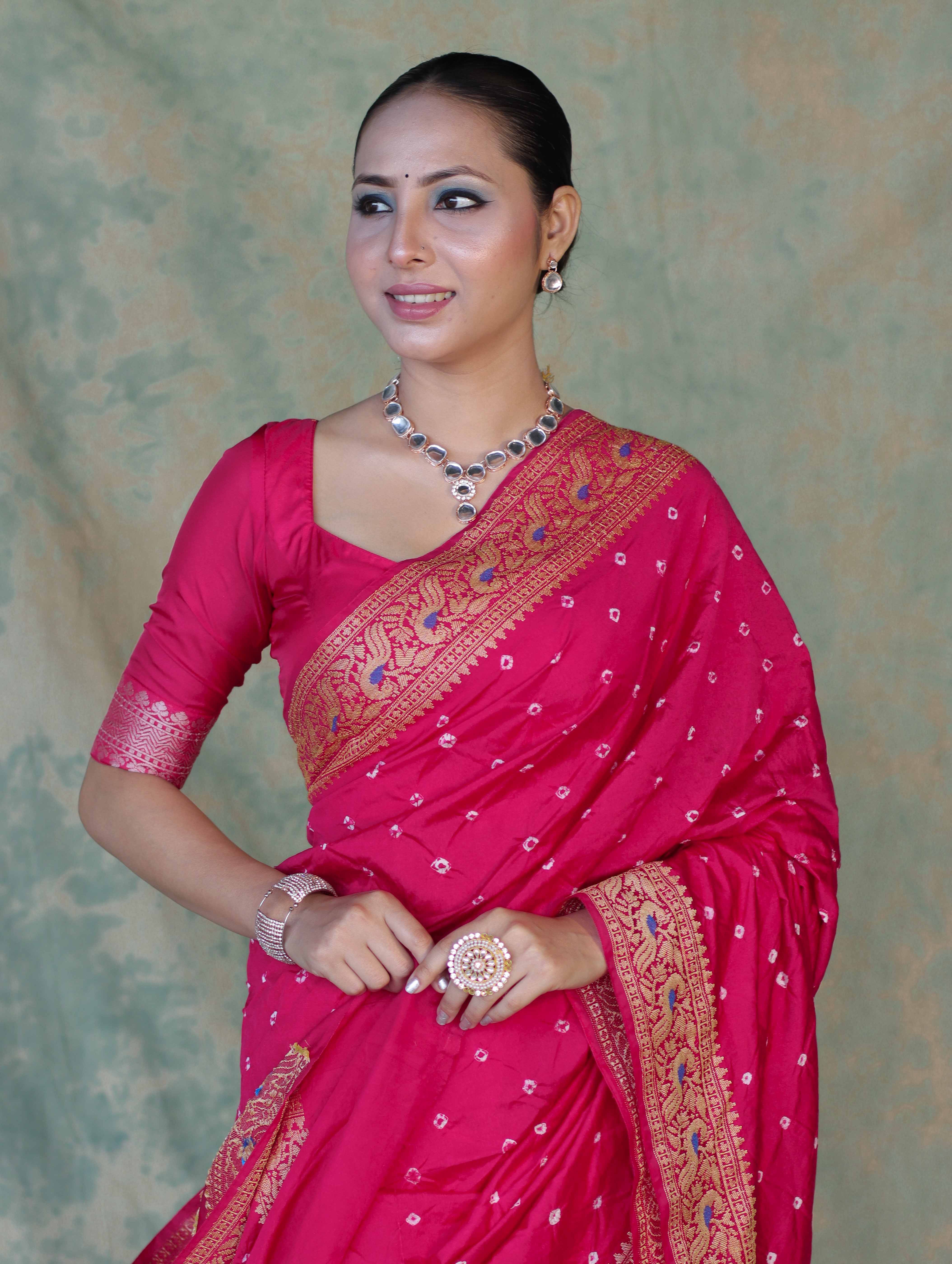 Banarasee Handloom Semi Silk Bandhej Saree With Broad Zari Floral Border-Deep Pink