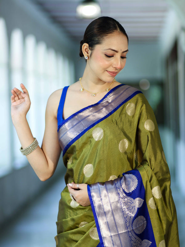 Banarasee Handloom Semi Silk Saree With Zari Buta Design & Contrast Border-Light Green & Blue