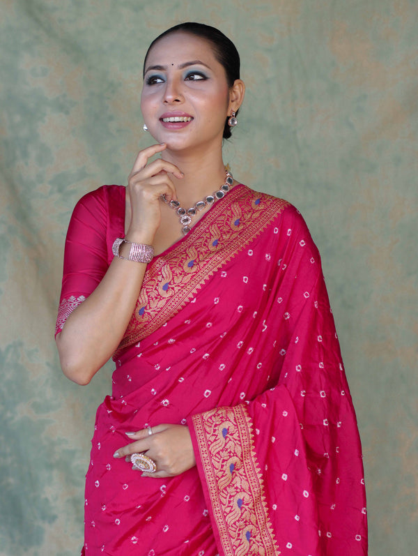 Banarasee Handloom Semi Silk Bandhej Saree With Broad Zari Floral Border-Deep Pink
