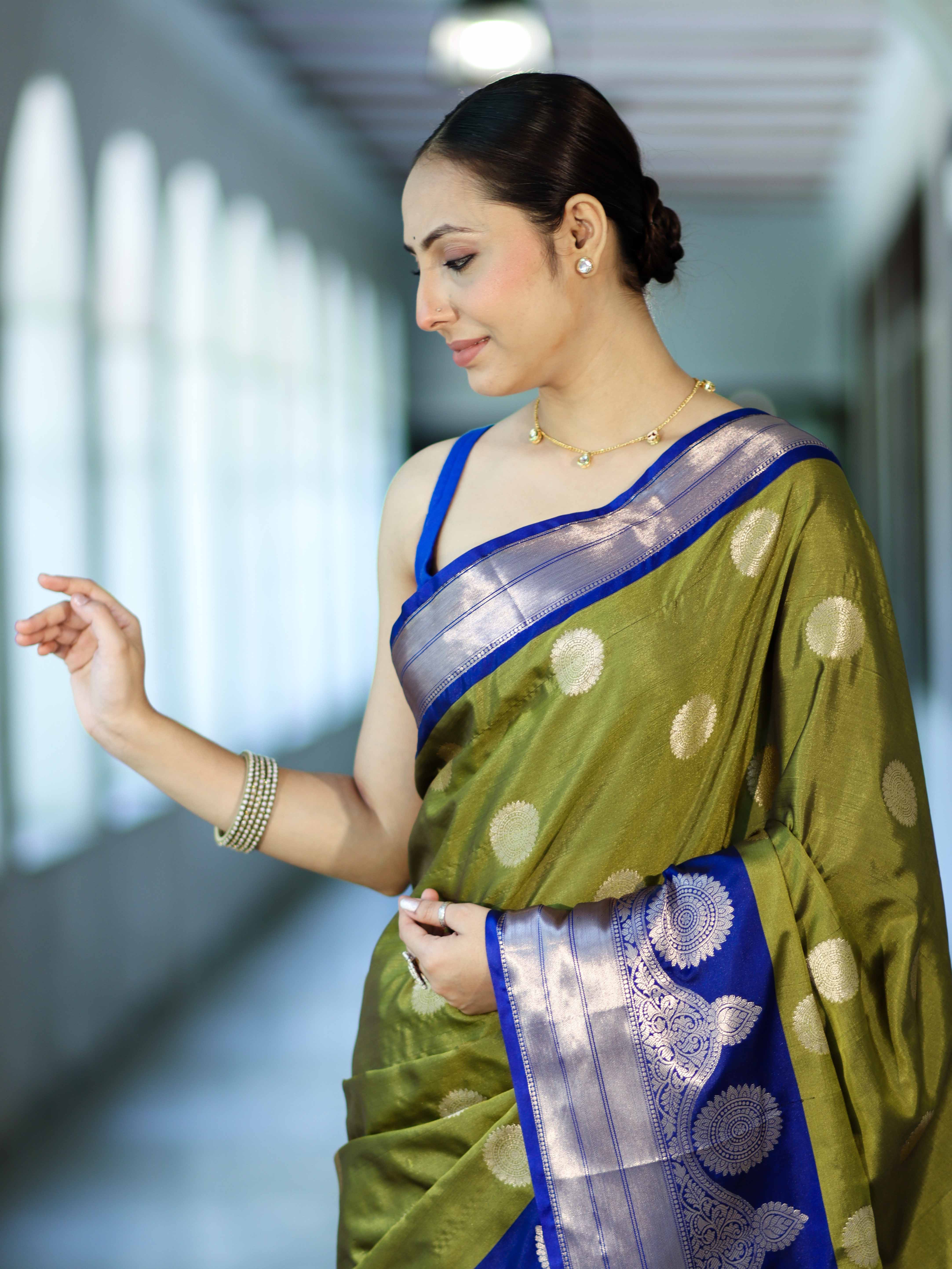 Banarasee Handloom Semi Silk Saree With Zari Buta Design & Contrast Border-Light Green & Blue