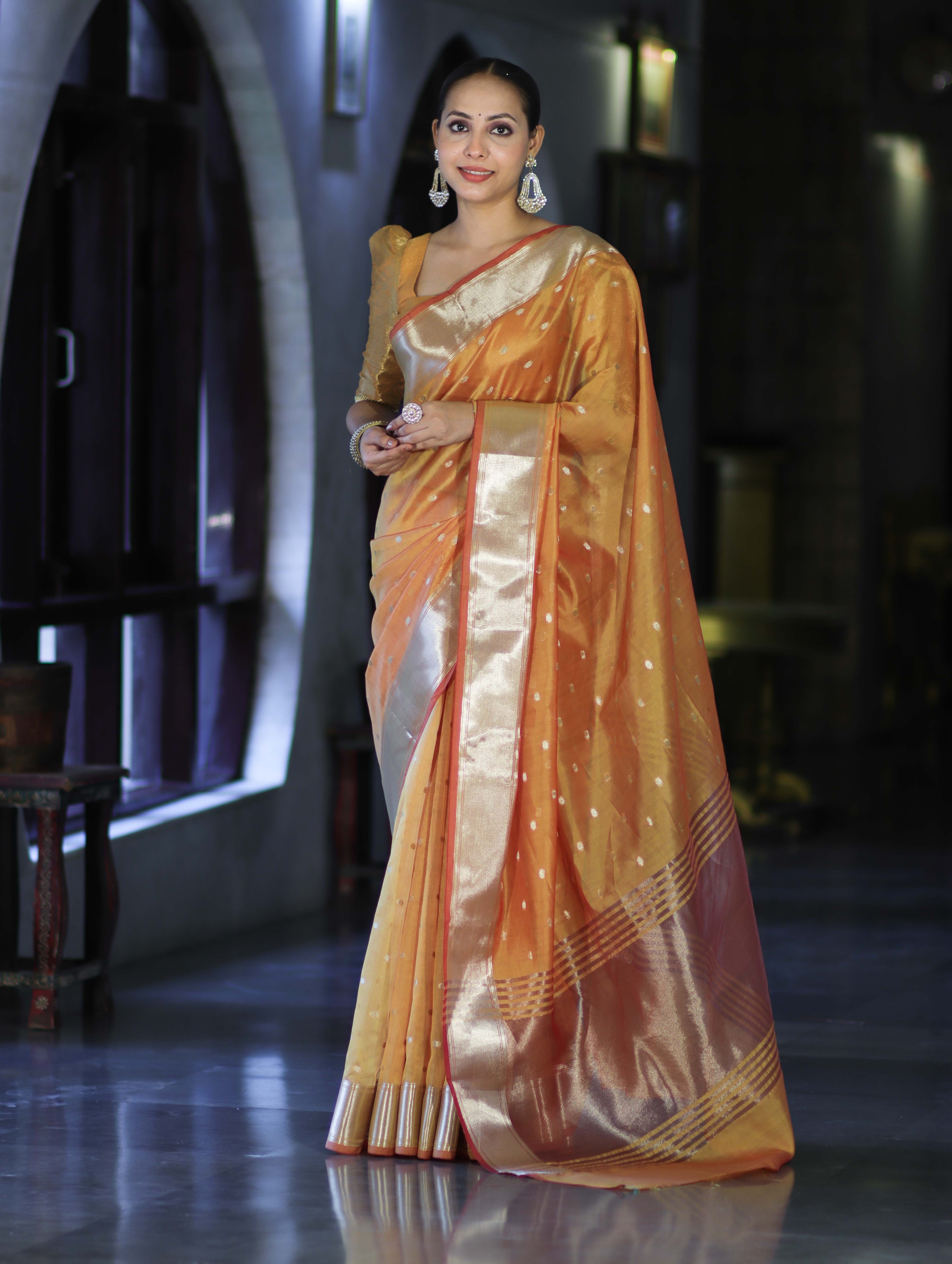 Banarasee Handloom Tissue Saree With Zari Buti Design & Border-Yellow