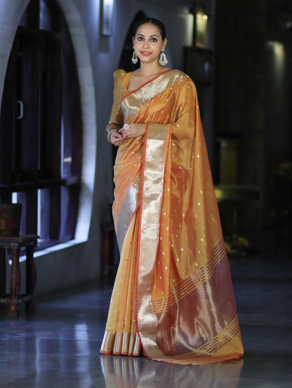 Banarasee Handloom Tissue Saree With Zari Buti Design & Border-Yellow