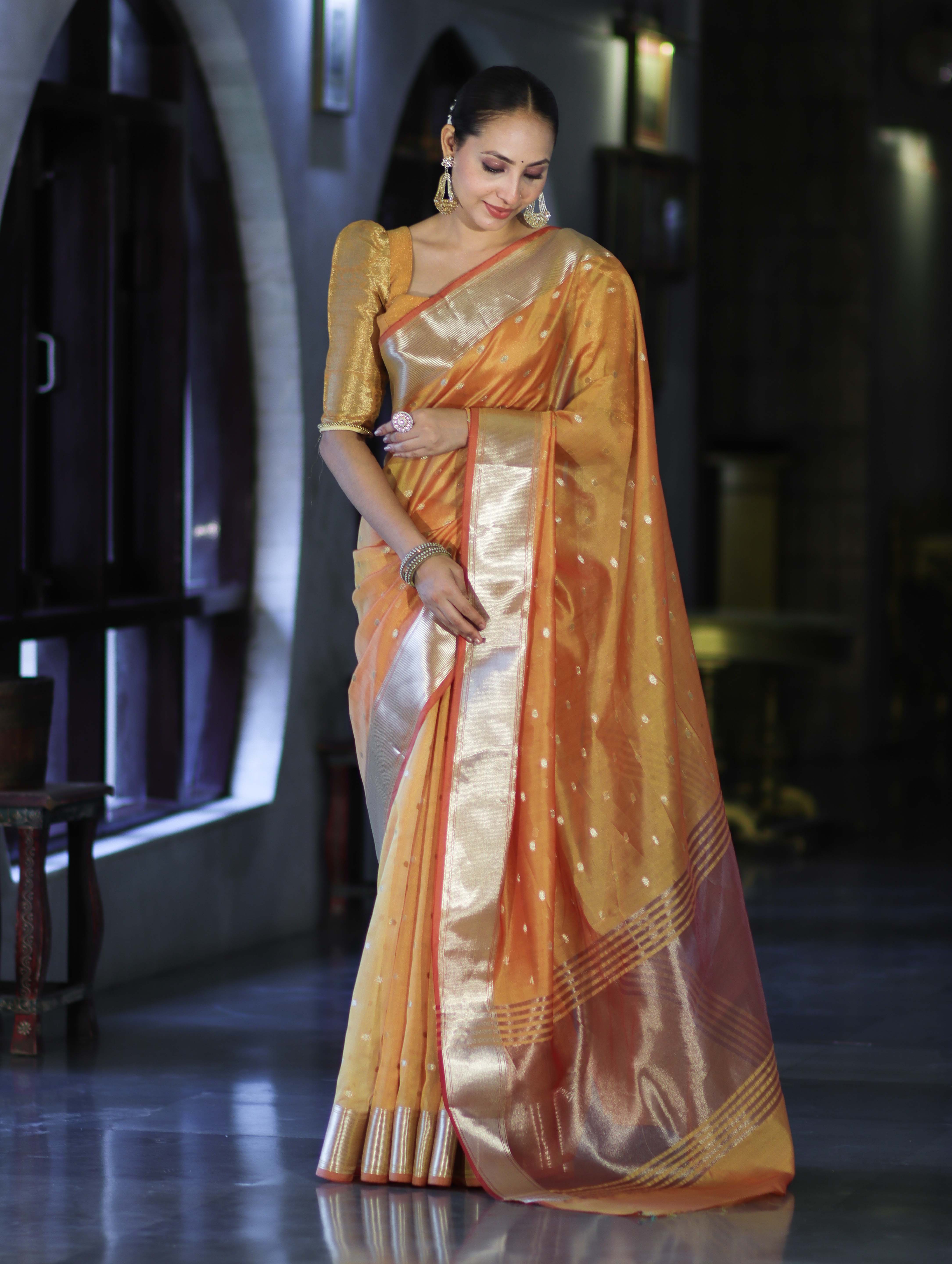 Banarasee Handloom Tissue Saree With Zari Buti Design & Border-Yellow