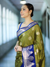 Banarasee Handloom Semi Silk Saree With Zari Buta Design & Contrast Border-Light Green & Blue