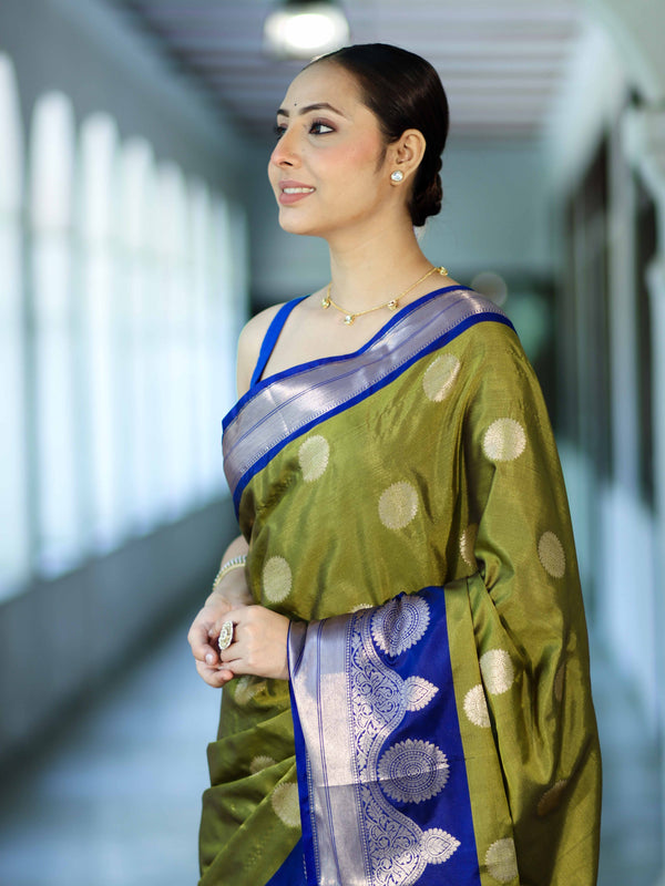 Banarasee Handloom Semi Silk Saree With Zari Buta Design & Contrast Border-Light Green & Blue