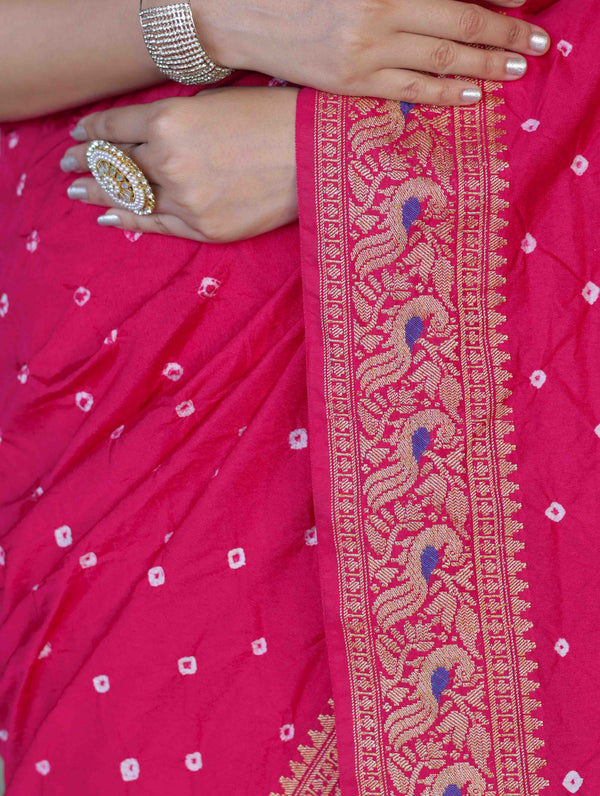 Banarasee Handloom Semi Silk Bandhej Saree With Broad Zari Floral Border-Deep Pink