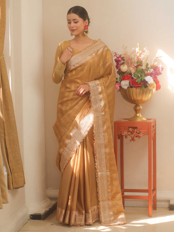 Banarasee Handwoven Semi Silk Saree With Zari Design & Lace-Gold