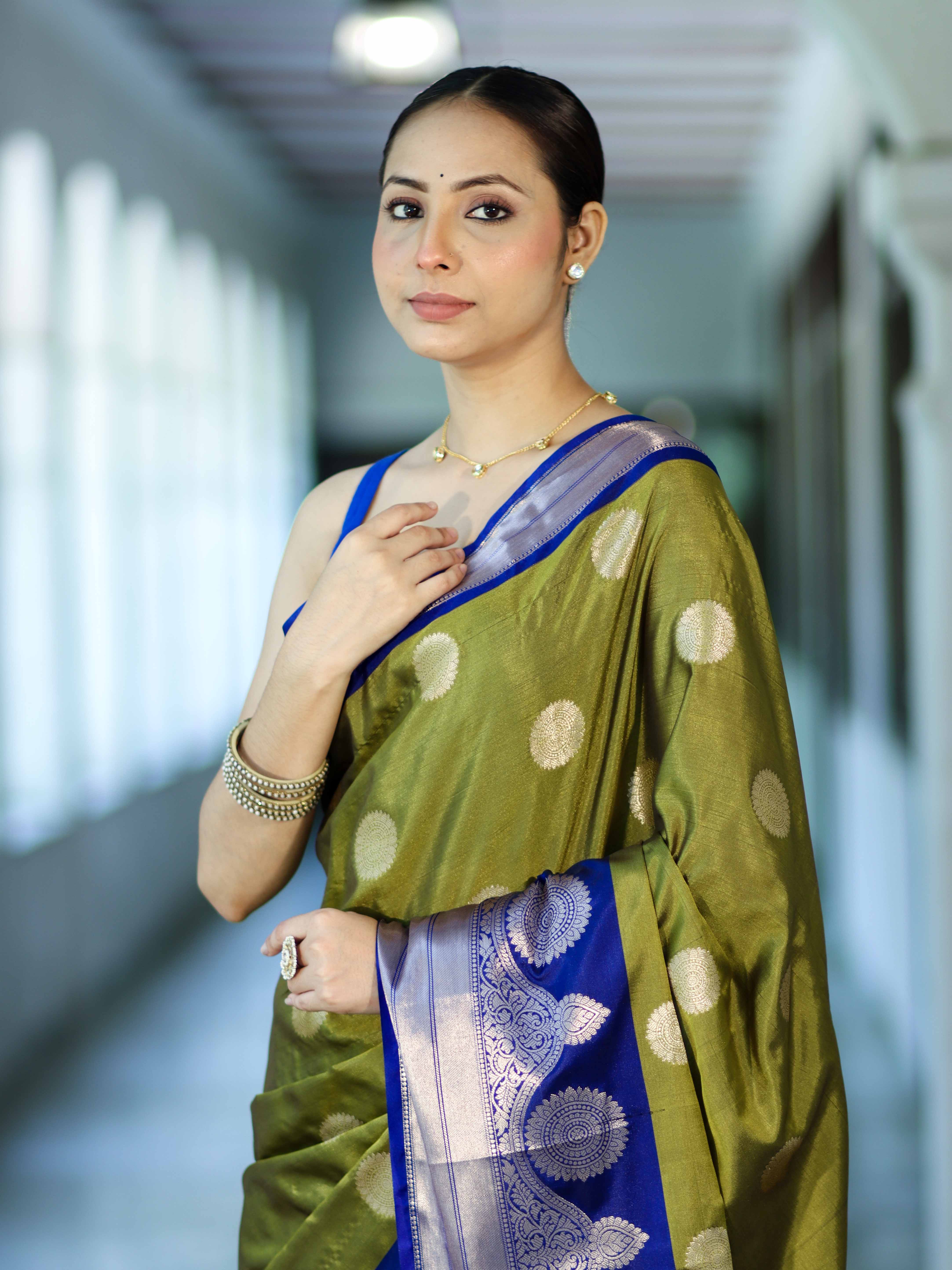 Banarasee Handloom Semi Silk Saree With Zari Buta Design & Contrast Border-Light Green & Blue