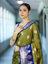 Banarasee Handloom Semi Silk Saree With Zari Buta Design & Contrast Border-Light Green & Blue