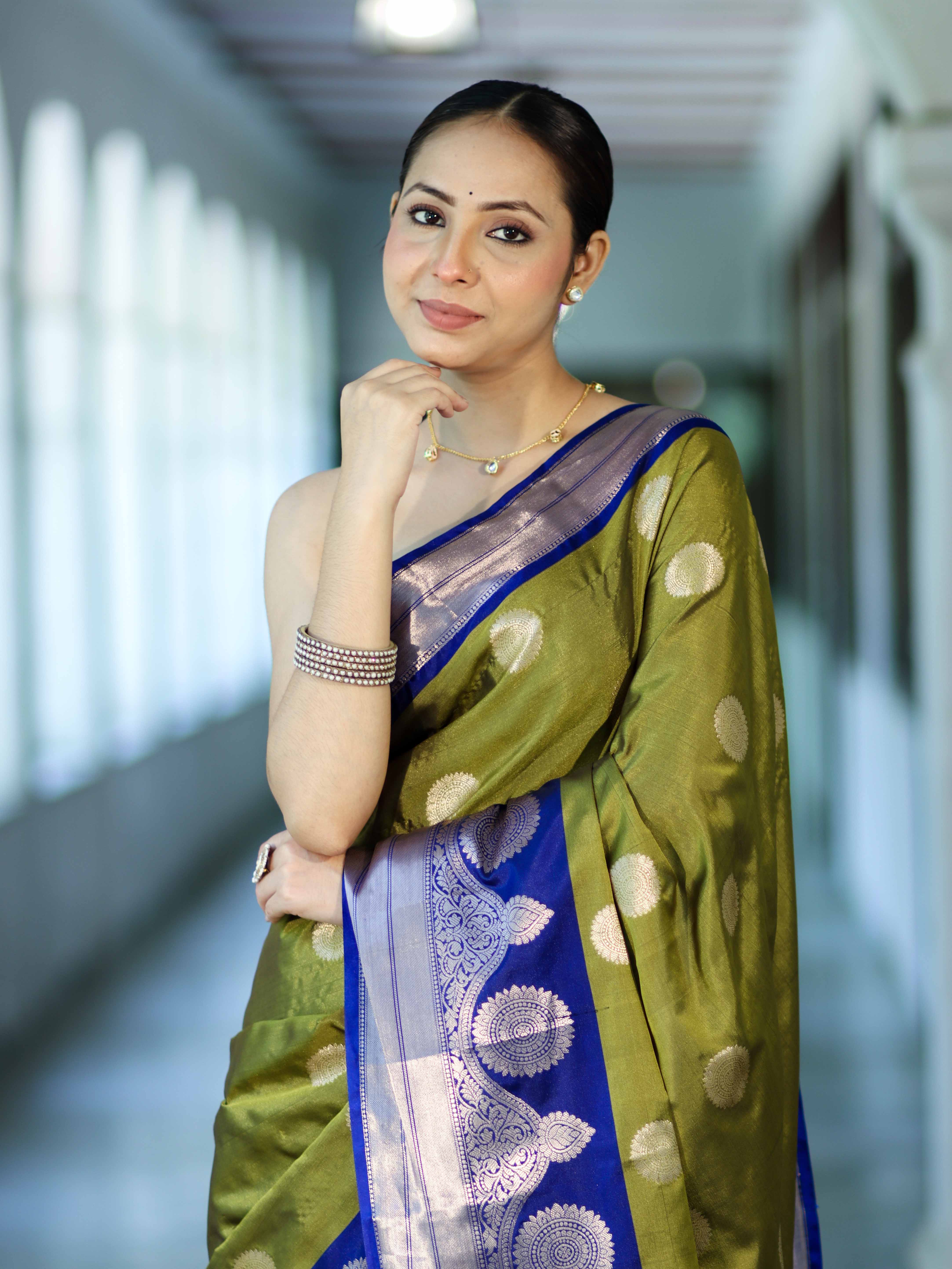 Banarasee Handloom Semi Silk Saree With Zari Buta Design & Contrast Border-Light Green & Blue