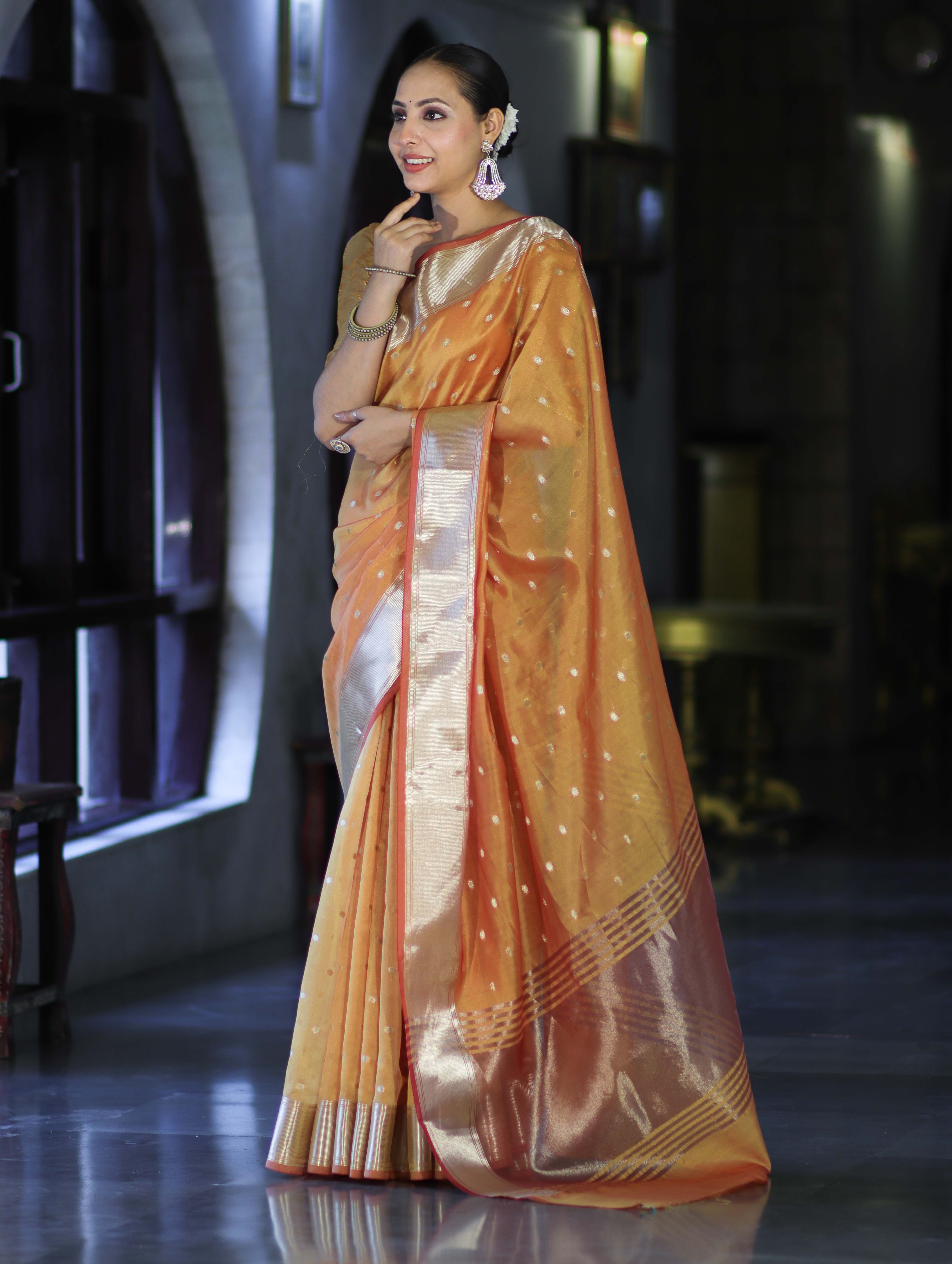 Banarasee Handloom Tissue Saree With Zari Buti Design & Border-Yellow