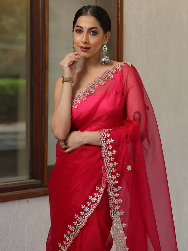 Banarasee Organza Silk Scallop Border Saree-Pink