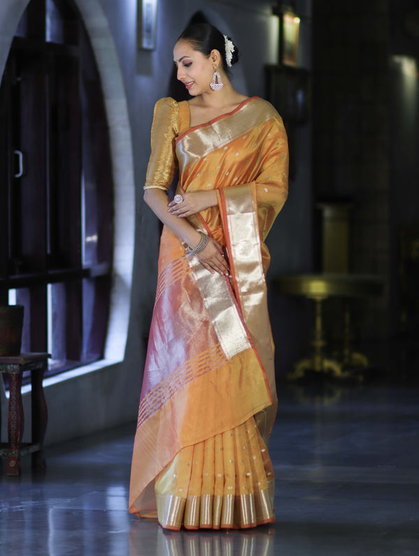 Banarasee Handloom Tissue Saree With Zari Buti Design & Border-Yellow